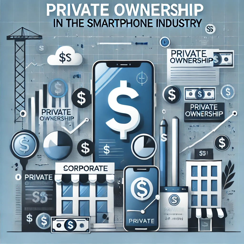 Header image for a blog article titled ‘Private Ownership in the Smartphone Industry.’ The image features elements such as smartphones, corporate buildings, dollar signs, and icons representing private ownership. The title is displayed in clear, bold typography against a sleek and tech-focused design, reflecting the business and economic aspects of the content.