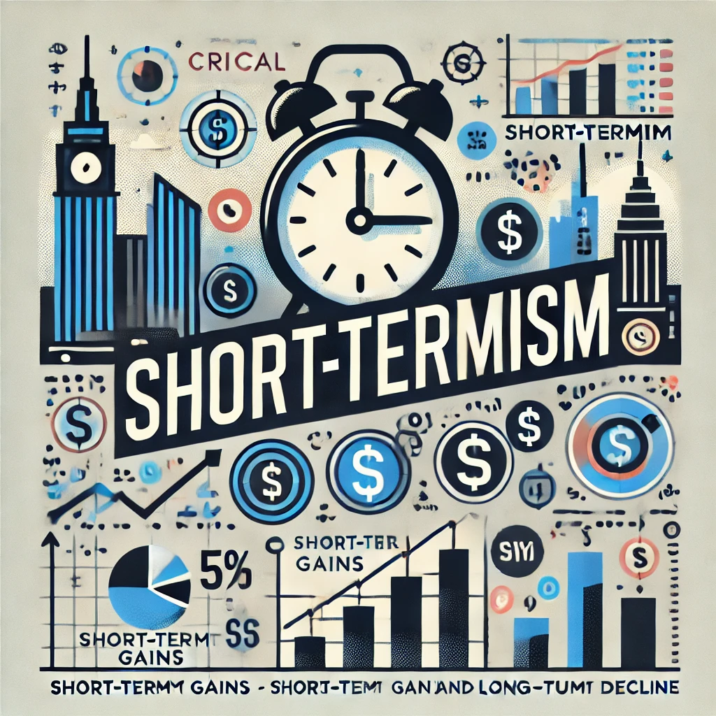 Header image for a section titled ‘Short-termism.’ The image features a ticking clock, dollar signs, graphs showing short-term gains and long-term declines, and a city skyline. The title is displayed in clear, bold typography against a modern and visually engaging design, reflecting the comprehensive and critical nature of the content.