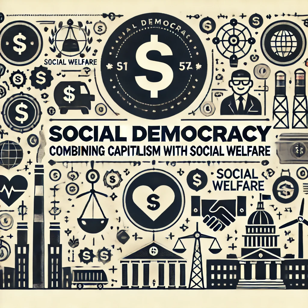 Header image for a section titled ‘Social Democracy: Combining Capitalism with Social Welfare.’ The image features dollar signs, social welfare symbols like a heart or helping hands, government buildings, and industrial icons. The title is displayed in clear, bold typography against a modern and visually engaging design, reflecting the integration of capitalist principles with social welfare.