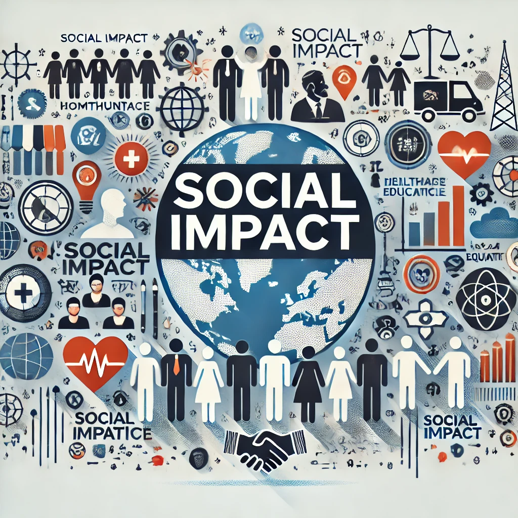 Header image for a section titled ‘Social Impact.’ The image features community icons, people collaborating, a globe, and symbols representing various social initiatives like healthcare, education, and equality. The title is displayed in clear, bold typography against a modern and visually engaging design, reflecting the comprehensive and impactful nature of the content.