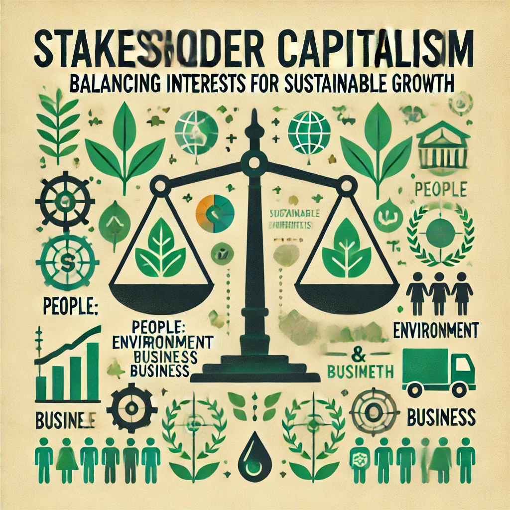 Header image for a section titled ‘Stakeholder Capitalism: Balancing Interests for Sustainable Growth.’ The image features scales representing balance, icons for different stakeholders (like people, environment, business), and symbols of growth like upward-trending graphs and green leaves. The title is displayed in clear, bold typography against a modern and visually engaging design, reflecting the integration of stakeholder interests for sustainable growth.