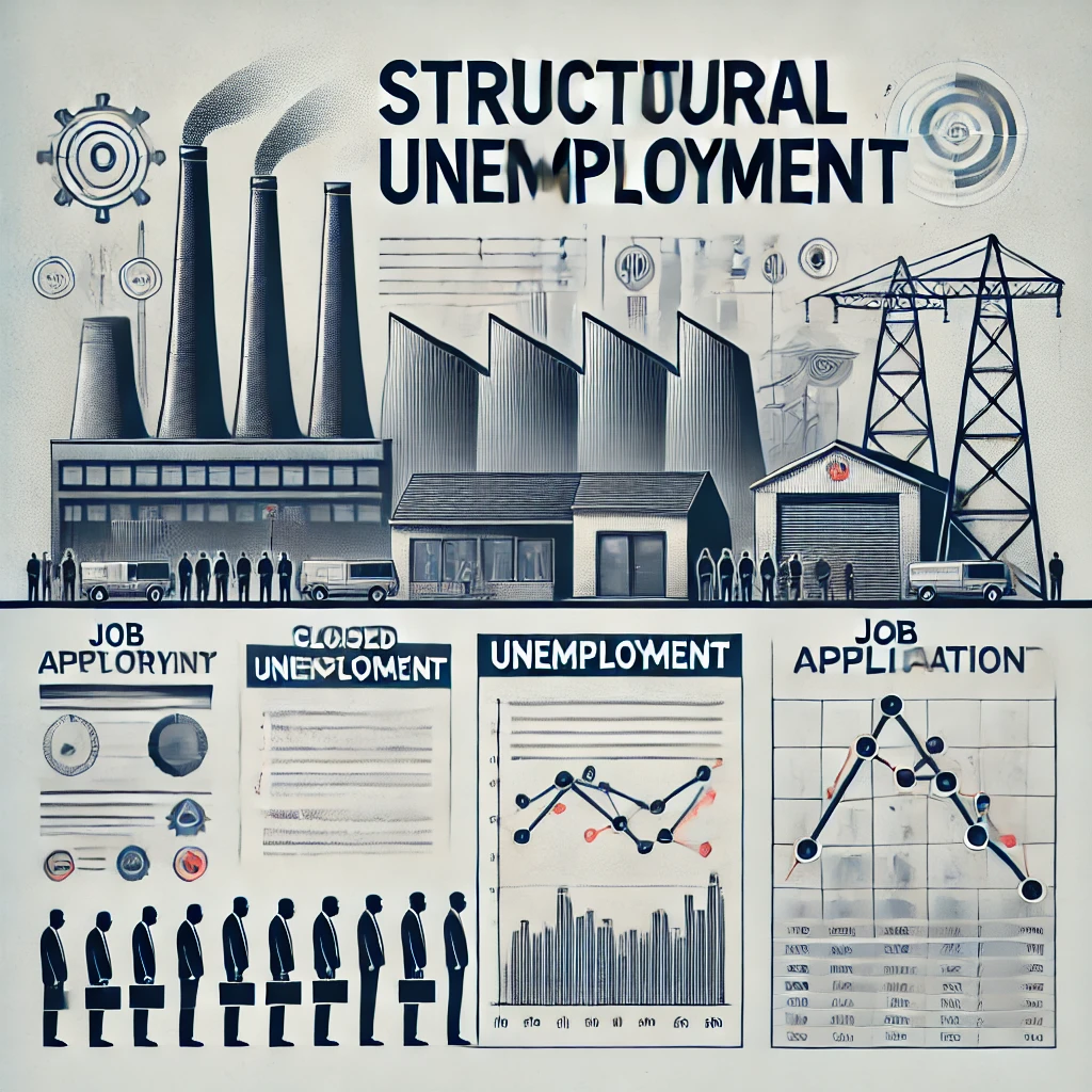 Header image for a section titled ‘Structural Unemployment.’ The image features a line of unemployed people, closed factory gates, graphs showing unemployment trends, and job application forms. The title is displayed in clear, bold typography against a modern and visually engaging design, reflecting the serious and comprehensive nature of the content.