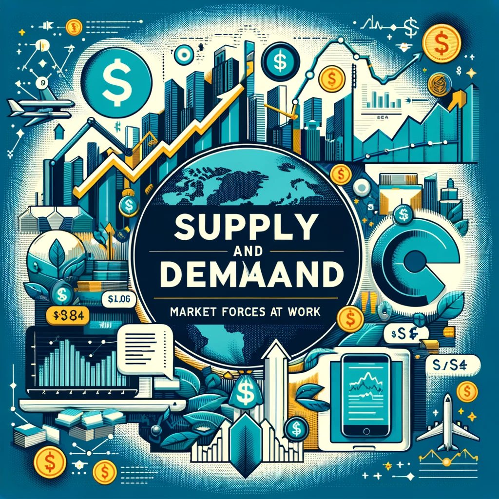 “Header image for a blog article titled ‘Supply and Demand: Market Forces at Work.’ The image features supply and demand graphs, dollar signs, market trends, and a city skyline. The title is displayed in clear, professional typography against a modern and visually engaging design, reflecting the economic and educational aspects of the content.