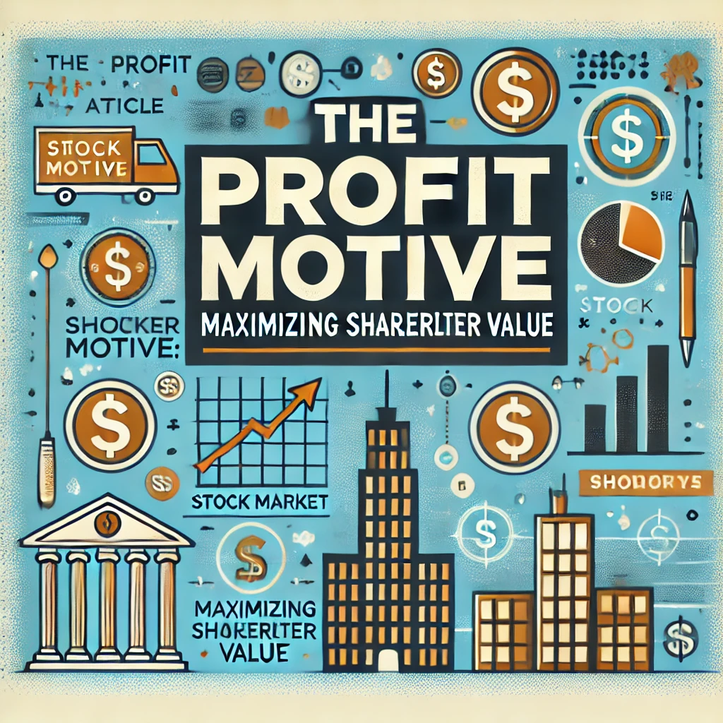 Header image for a blog article titled ‘The Profit Motive: Maximizing Shareholder Value.’ The image features dollar signs, stock market graphs, corporate buildings, and icons representing shareholders. The title is displayed in clear, bold typography against a modern and visually appealing design, reflecting the business and economic aspects of the content.