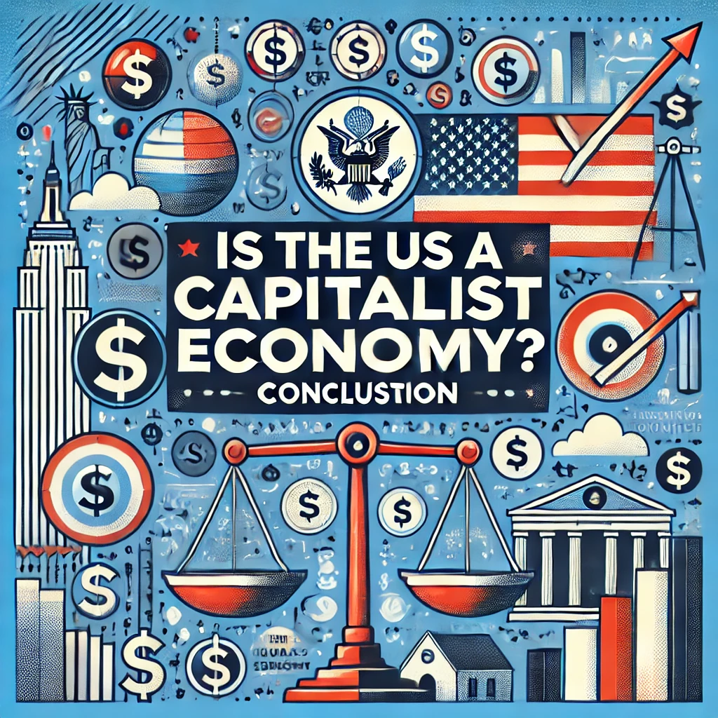 ‘Is the US a Capitalist Economy? Conclusion.’ The image features the US flag, dollar signs, a balance scale, and a city skyline. The title is displayed in clear, bold typography against a modern and engaging design, reflecting the summarizing and conclusive nature of the content.