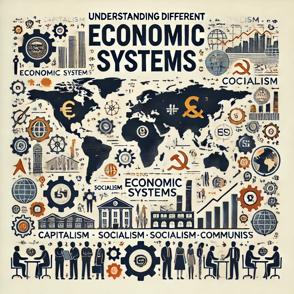 Header image for a section titled ‘Understanding Different Economic Systems.’ The image features a world map, icons representing various economic systems such as capitalism, socialism, and communism, gears symbolizing industry, and people working together. The title is displayed in clear, bold typography against a modern and visually engaging design, reflecting the comprehensive and educational nature of the content.