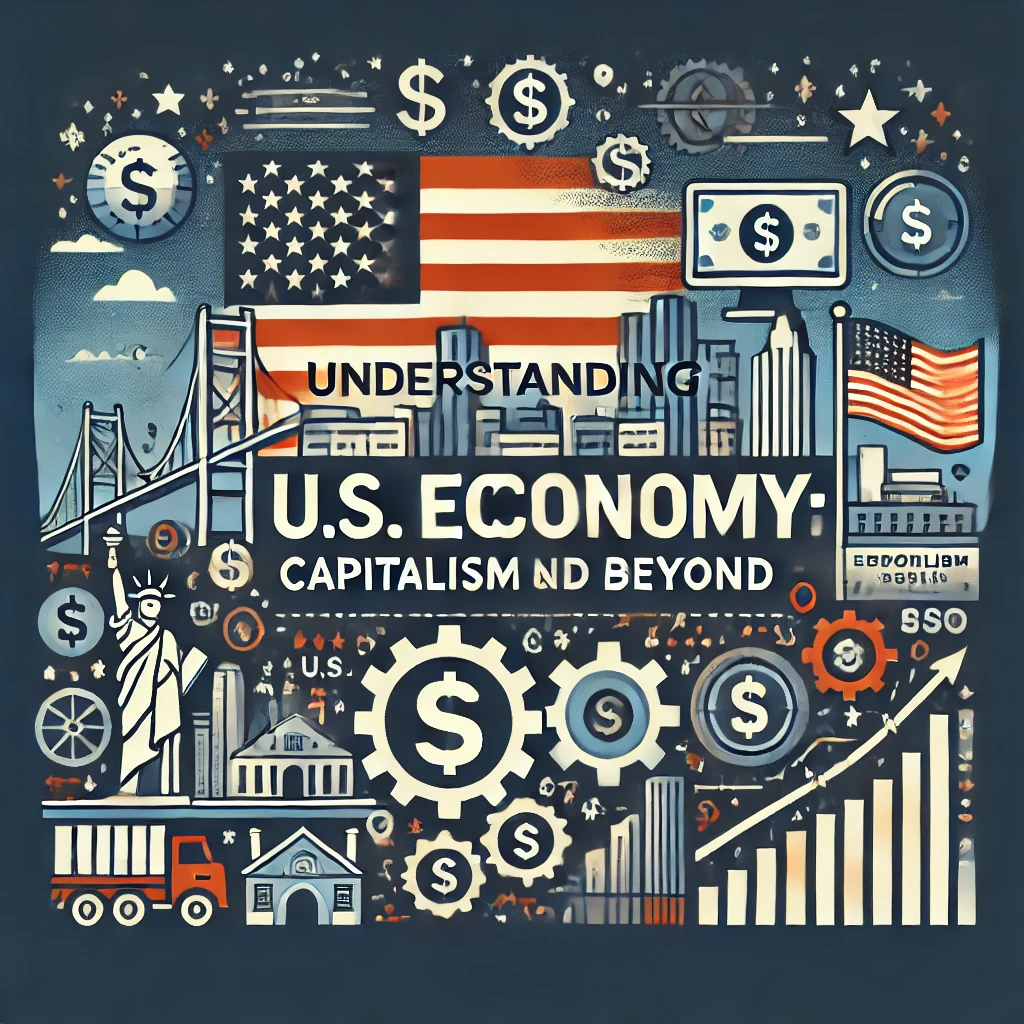 Header image for a blog article titled ‘Understanding the U.S. Economy: Capitalism and Beyond.’ The image features the US flag, dollar signs, gears representing industry, a city skyline, and symbols representing various economic systems. The title is displayed in clear, professional typography against a modern and engaging design, reflecting the comprehensive and educational nature of the content.