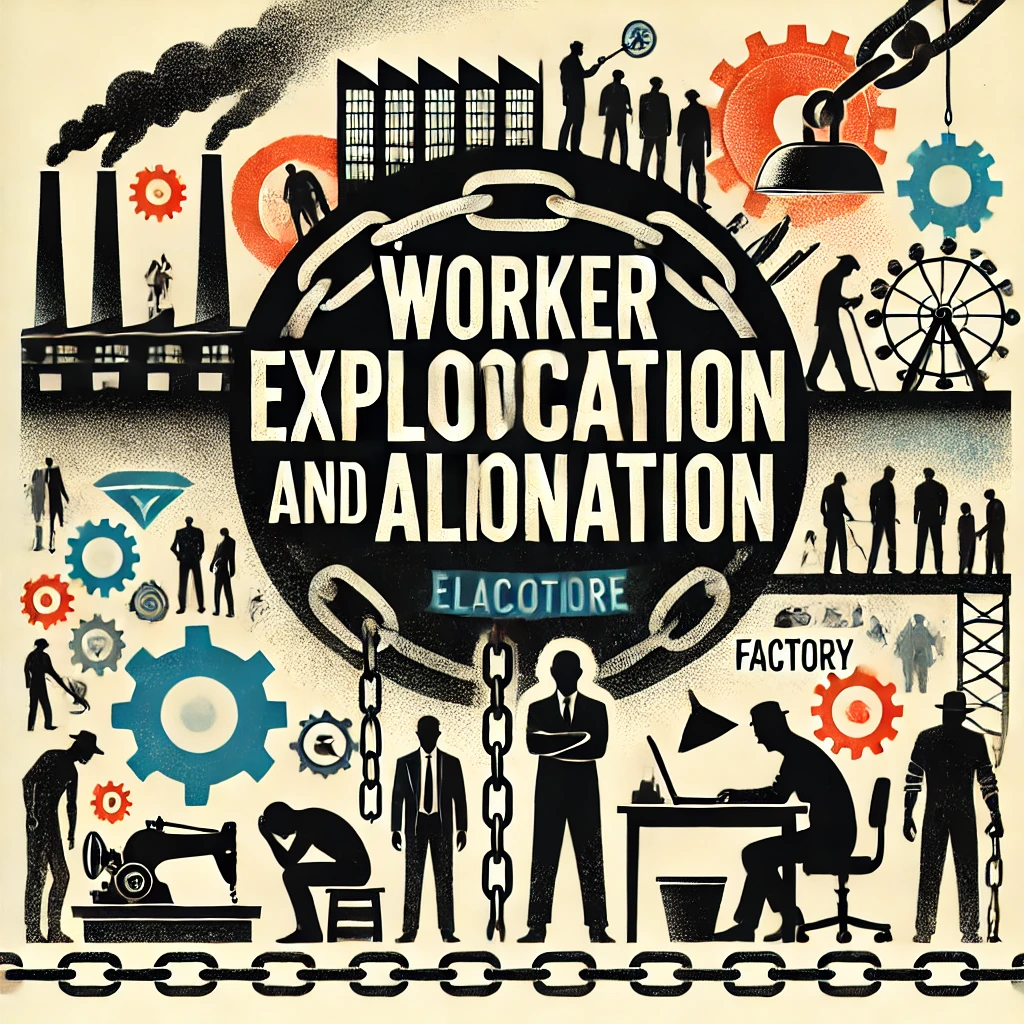 Header image for a section titled ‘Worker Exploitation and Alienation.’ The image features silhouettes of overworked individuals, broken chains, factory settings, and people isolated in cubicles. The title is displayed in clear, bold typography against a modern and thought-provoking design, reflecting the serious and comprehensive nature of the content.