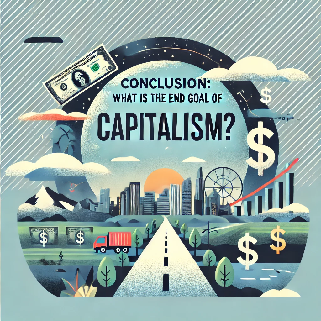 Header image for a section titled ‘Conclusion: What is the End Goal of Capitalism?’ The image features a pathway leading to a distant horizon, dollar signs, a city skyline, and a globe. The title is displayed in clear, bold typography against a modern and engaging design, reflecting the comprehensive and analytical nature of the content.