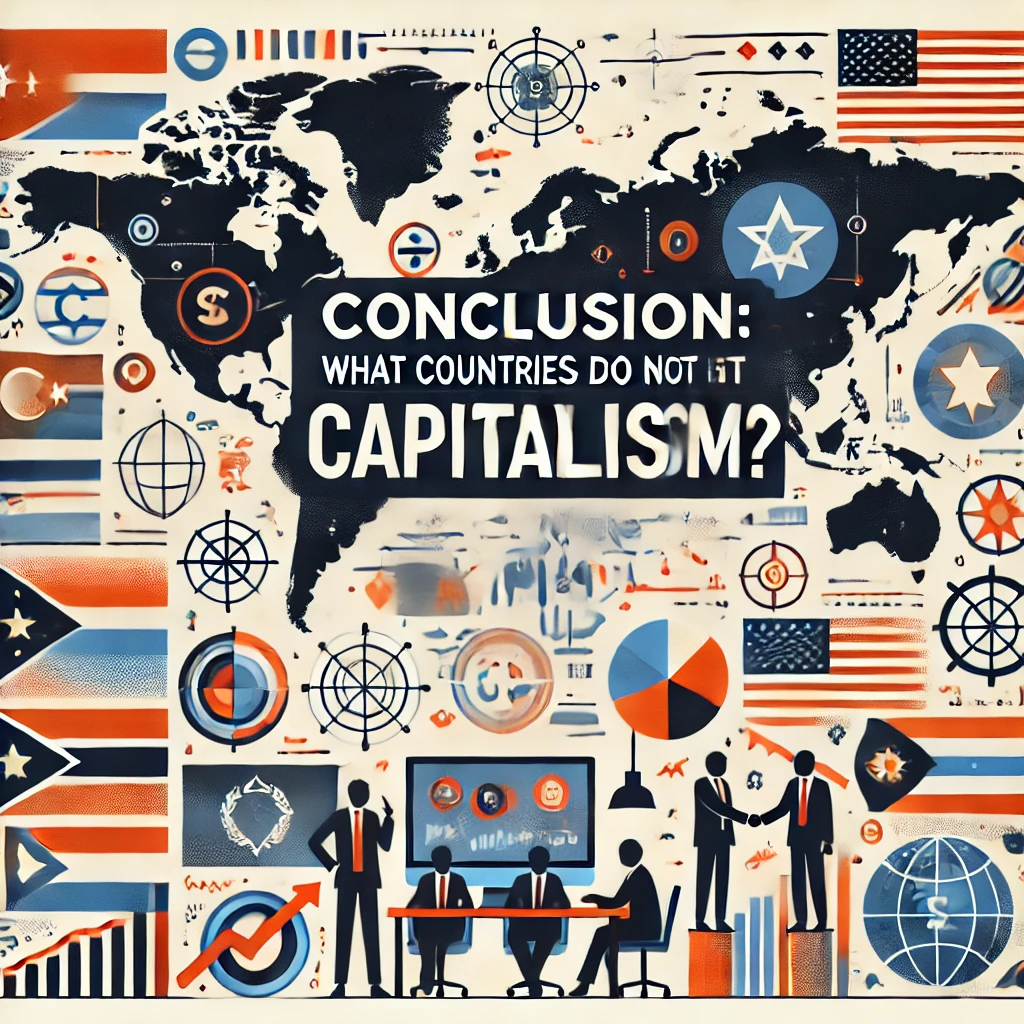 Header image for a section titled ‘Conclusion: What Countries Do Not Have Capitalism?’ The image features a world map, country flags of non-capitalist nations, symbols representing different economic systems, and people collaborating. The title is displayed in clear, bold typography against a modern and visually engaging design, reflecting the comprehensive and educational nature of the content.