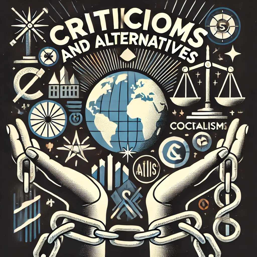 Header image for a blog article titled ‘Criticisms and Alternatives.’ The image features broken chains, a globe, scales of justice, and icons representing various economic systems such as socialism and cooperatives. The title is displayed in bold, clear typography against a modern and thought-provoking design, reflecting the analytical nature of the content.