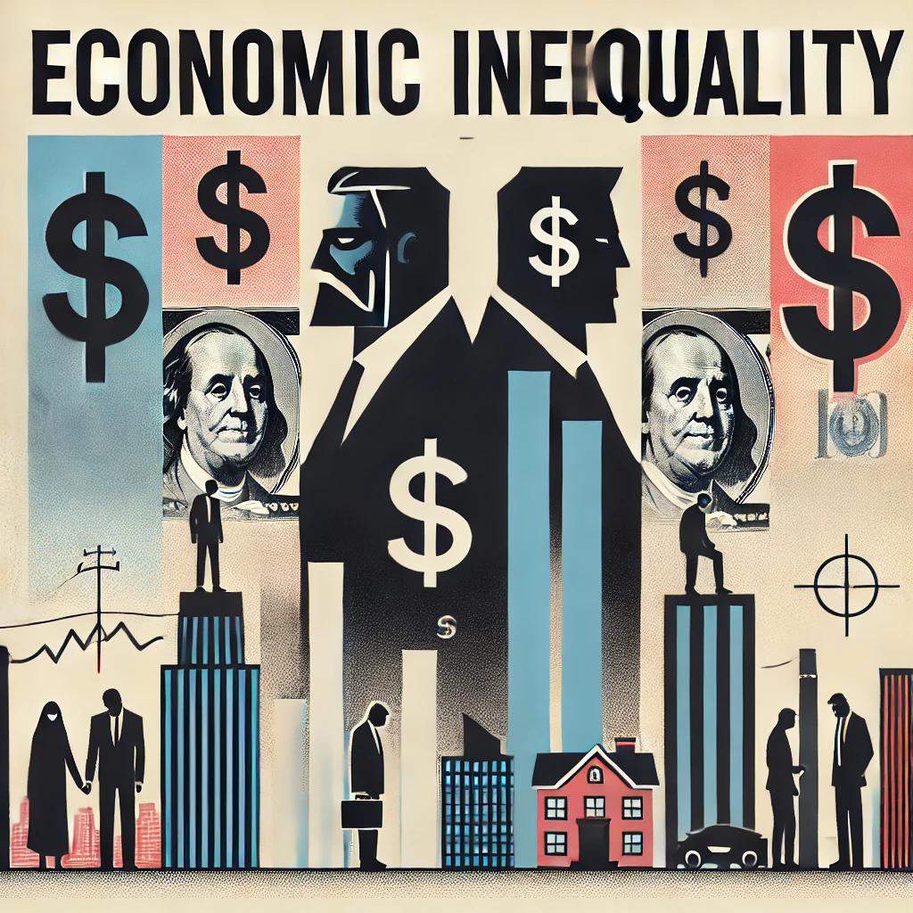 Header image for a section titled ‘Economic Inequality.’ The image features a divided bar graph, dollar signs, silhouettes of wealthy and poor individuals, and a city skyline with stark contrasts. The title is displayed in clear, bold typography against a modern and thought-provoking design, reflecting the critical and comprehensive nature of the content.