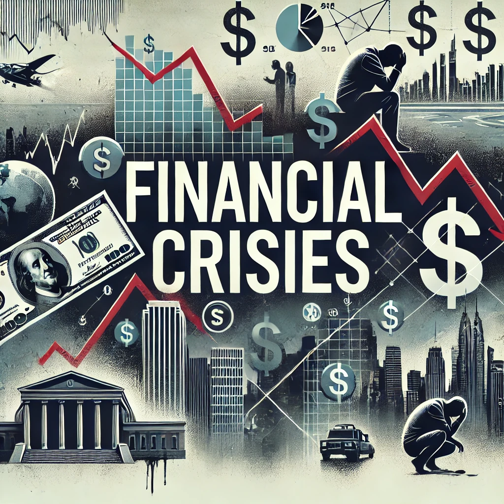 Header image for a section titled ‘Financial Crises.’ The image features crashing stock market graphs, dollar signs, a city skyline in turmoil, and distressed people. The title is displayed in clear, bold typography against a modern and visually striking design, reflecting the critical and comprehensive nature of the content.