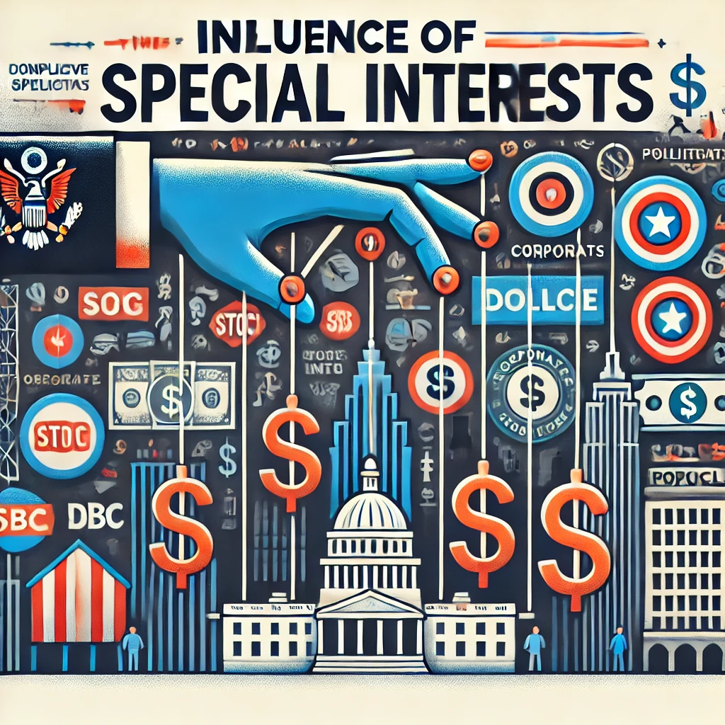 Header image for a section titled ‘Influence of Special Interests.’ The image features puppet strings controlling a city skyline, dollar signs, corporate logos, and political symbols. The title is displayed in clear, bold typography against a modern and visually engaging design, reflecting the comprehensive and critical nature of the content.