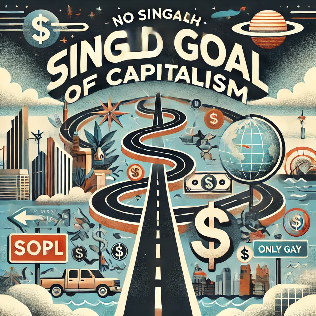  Header image for a section titled ‘No Singular End Goal of Capitalism.’ The image features a pathway diverging into multiple directions, dollar signs, a city skyline, and a globe. The title is displayed in clear, bold typography against a modern and engaging design, reflecting the complex and multifaceted nature of the content.